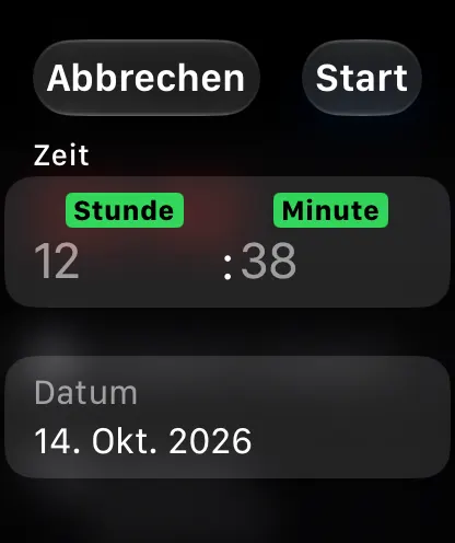 Editor für Startzeit und Datum einer Stoppuhr auf der Apple Watch