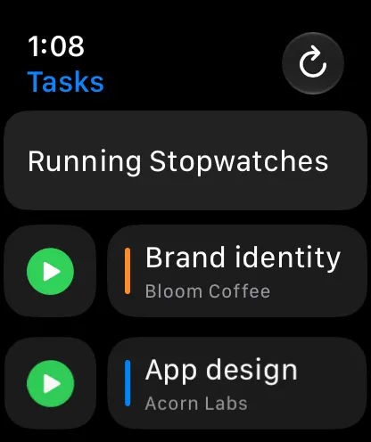 Apple Watch task list with running stopwatches