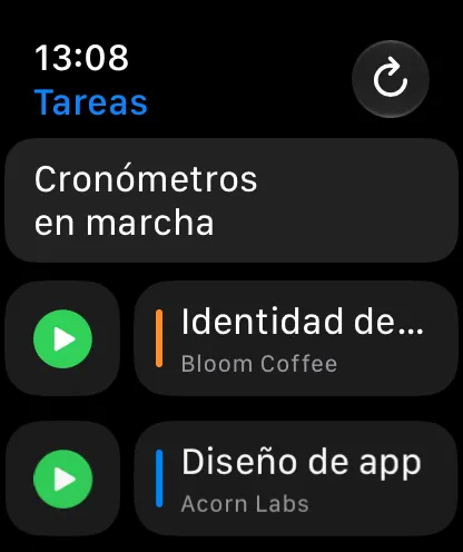 Lista de tareas en el Apple Watch con los cronómetros en marcha