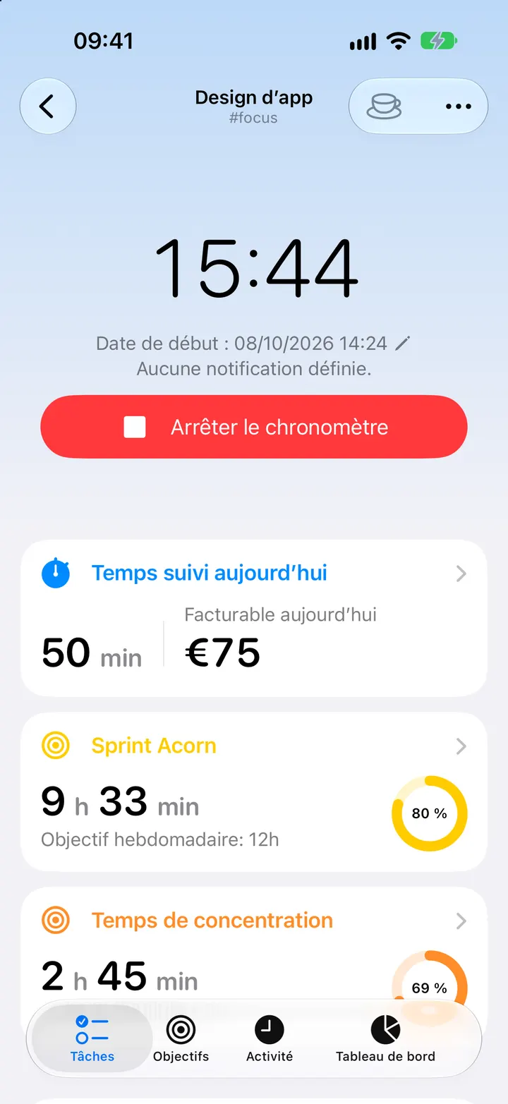 iPhone avec la tâche Design d’app, son chronomètre en marche et le montant facturable du jour