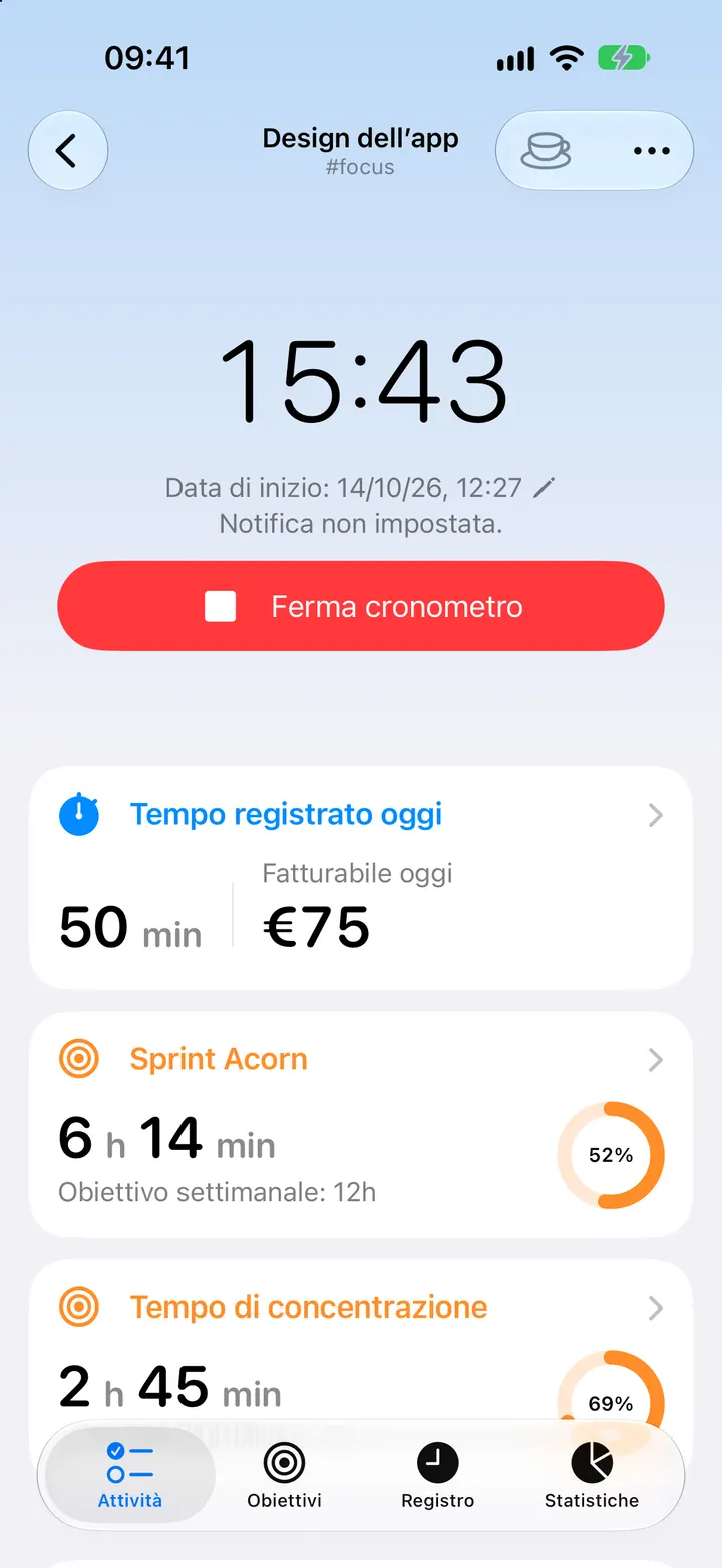 iPhone con l’attività Design dell’app, il cronometro in corso e l’importo fatturabile di oggi