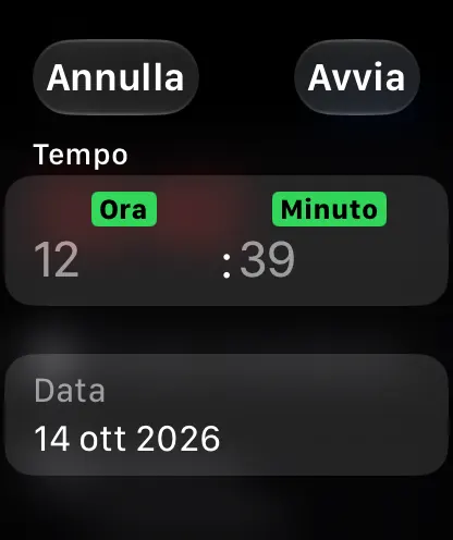 Editor dell’ora e della data d’inizio di un cronometro su Apple Watch