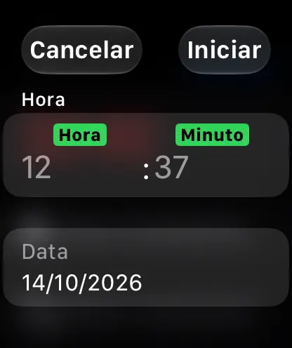 Editor da hora e da data de início de um cronómetro no Apple Watch